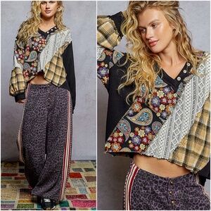 POL Multicolor Patchwork Long Sleeve Top NWOT